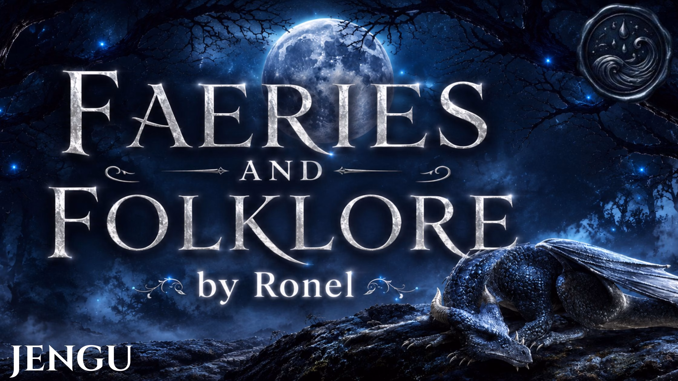 A dark fantasy banner titled "FAERIES AND FOLKLORE by Ronel," set against a misty, gnarled forest under a large, glowing full moon. In the bottom left corner, the word "Jengu" is written in a clean, white serif font. In the top right corner, there is a circular, dark metallic or wax seal stamp featuring an embossed illustration of a wave. A scaly blue dragon rests on a rocky ridge in the foreground, surrounded by faint, glowing blue magical embers.