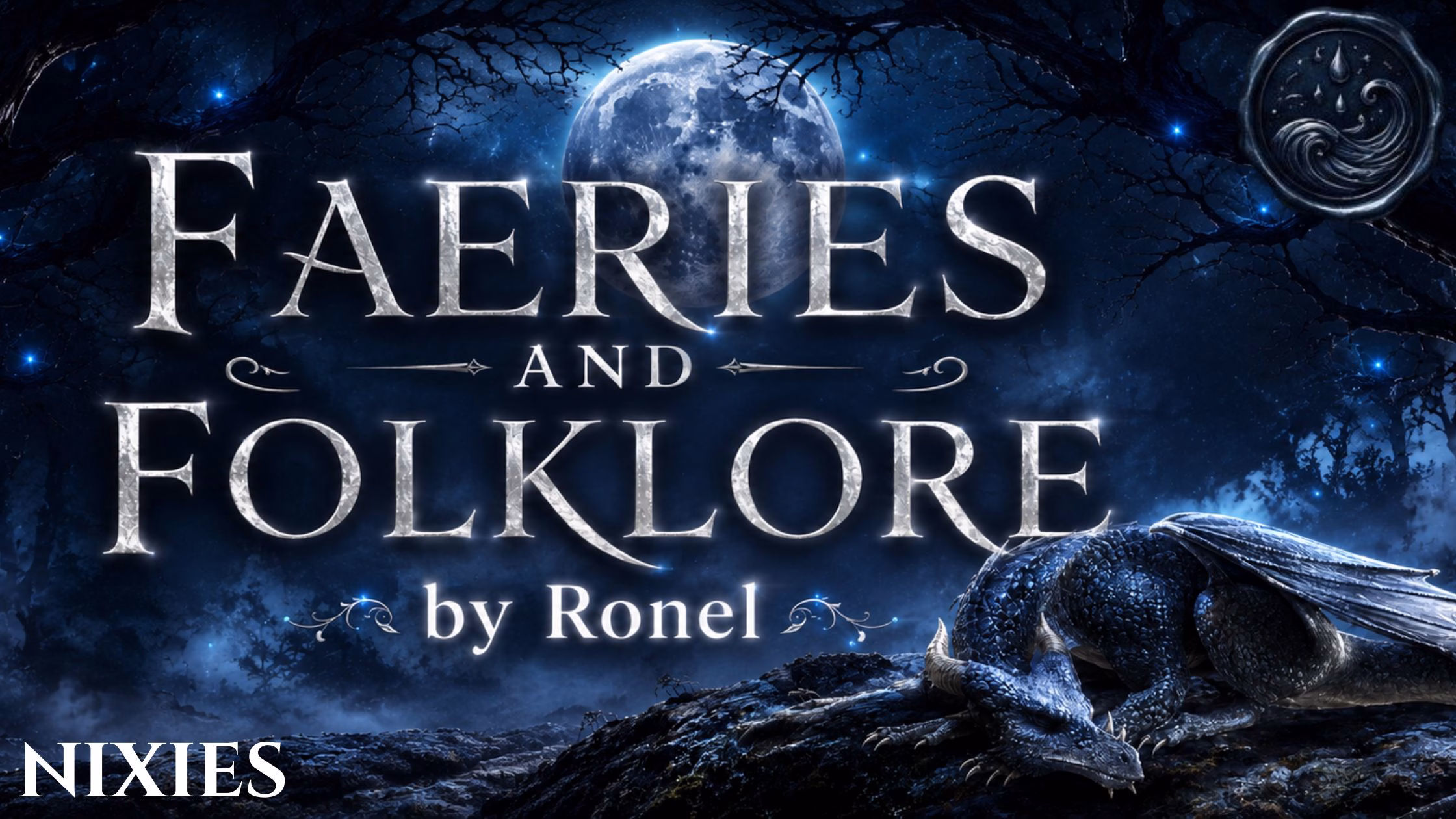 A dark fantasy banner titled "FAERIES AND FOLKLORE by Ronel," set against a misty, gnarled forest under a large, glowing full moon. In the bottom left corner, the word "Nixies" is written in a clean, white serif font. In the top right corner, there is a circular, dark metallic or wax seal stamp featuring an embossed illustration of a wave. A scaly blue dragon rests on a rocky ridge in the foreground, surrounded by faint, glowing blue magical embers.