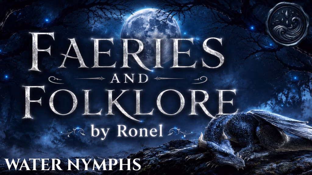 A dark fantasy banner titled "FAERIES AND FOLKLORE by Ronel," set against a misty, gnarled forest under a large, glowing full moon. In the bottom left corner, the words "Water Nymphs" are written in a clean, white serif font. In the top right corner, there is a circular, dark metallic or wax seal stamp featuring an embossed illustration of a wave. A scaly blue dragon rests on a rocky ridge in the foreground, surrounded by faint, glowing blue magical embers.