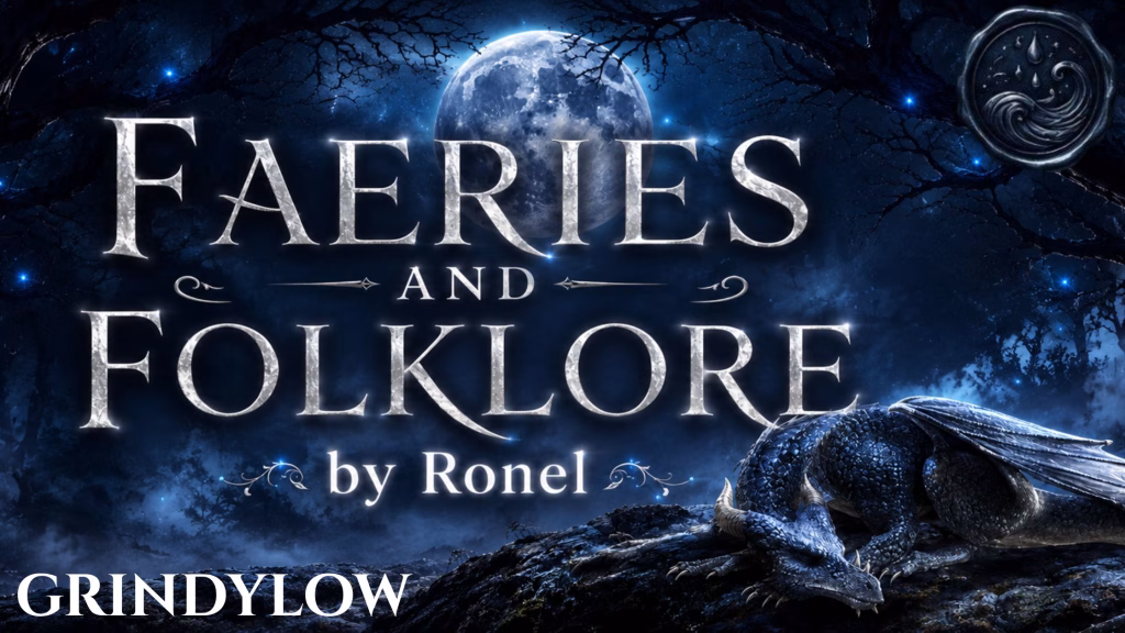 A dark fantasy banner titled "FAERIES AND FOLKLORE by Ronel," set against a misty, gnarled forest under a large, glowing full moon. In the bottom left corner, the word "Grindylow" is written in a clean, white serif font. In the top right corner, there is a circular, dark metallic or wax seal stamp featuring an embossed illustration of a wave. A scaly blue dragon rests on a rocky ridge in the foreground, surrounded by faint, glowing blue magical embers.