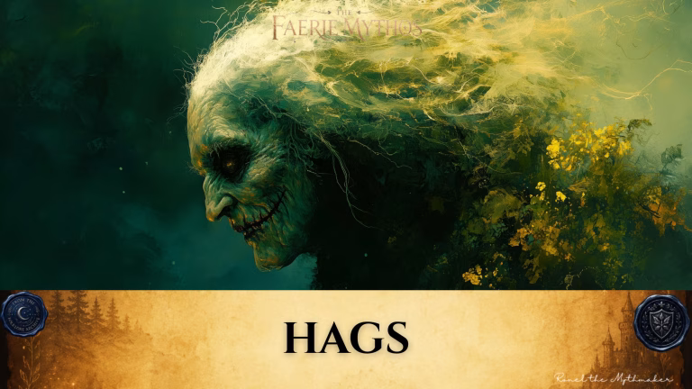 Digital banner for "The Faerie Mythos." The upper section features a dark fantasy, textured oil painting-style profile portrait of a haggard creature facing left. The figure has sunken, shadowy eyes, a heavily wrinkled and mottled green complexion, and a sharp, menacing grin with visible stitches or dark markings along the mouth. Strands of wild, wispy white and yellow hair blend into a swirling, mossy green backdrop dotted with tiny yellow wildflowers. Across the bottom, a wide, textured gold parchment banner displays the word "HAGS" in bold black serif lettering. The banner is anchored by two dark blue wax seals: one on the left reading "From the Folklore Archive" and one on the right featuring a shield emblem. The lower right corner includes the signature "Ronel the Mythmaker" in a white script font.