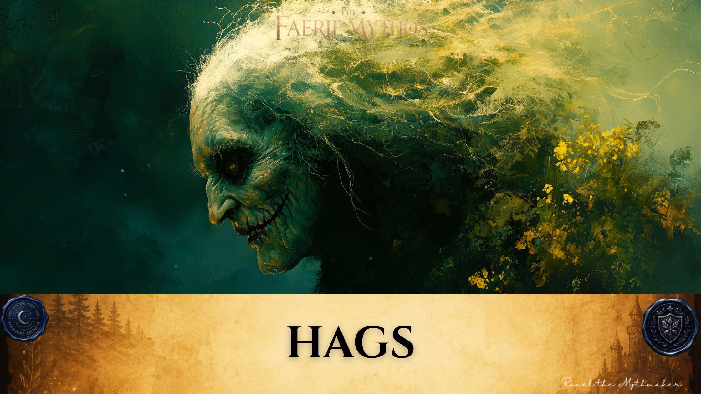 Digital banner for "The Faerie Mythos." The upper section features a dark fantasy, textured oil painting-style profile portrait of a haggard creature facing left. The figure has sunken, shadowy eyes, a heavily wrinkled and mottled green complexion, and a sharp, menacing grin with visible stitches or dark markings along the mouth. Strands of wild, wispy white and yellow hair blend into a swirling, mossy green backdrop dotted with tiny yellow wildflowers. Across the bottom, a wide, textured gold parchment banner displays the word "HAGS" in bold black serif lettering. The banner is anchored by two dark blue wax seals: one on the left reading "From the Folklore Archive" and one on the right featuring a shield emblem. The lower right corner includes the signature "Ronel the Mythmaker" in a white script font.