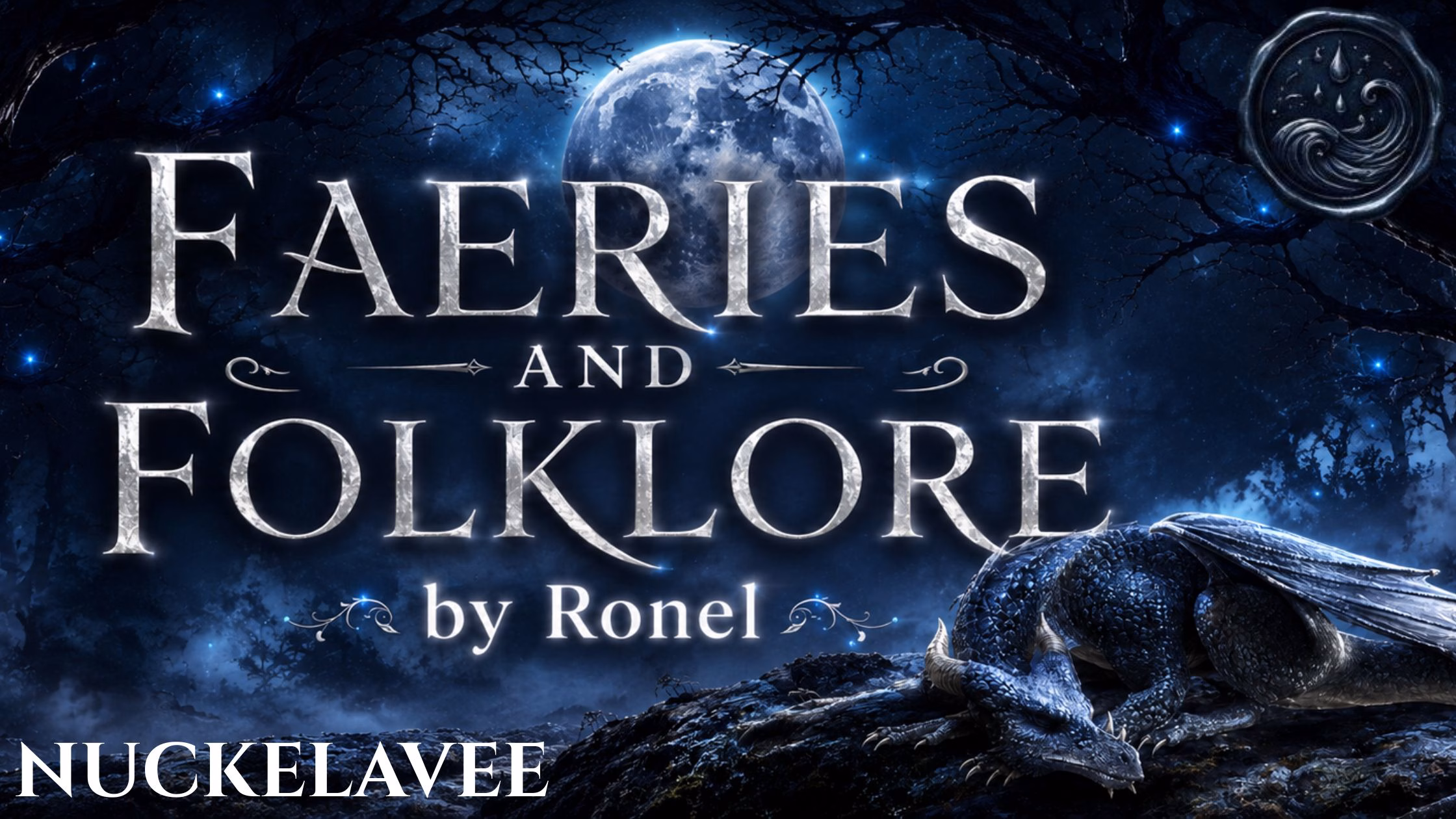 A dark fantasy banner titled "FAERIES AND FOLKLORE by Ronel," set against a misty, gnarled forest under a large, glowing full moon. In the bottom left corner, the word "Nuckelavee" is written in a clean, white serif font. In the top right corner, there is a circular, dark metallic or wax seal stamp featuring an embossed illustration of a wave. A scaly blue dragon rests on a rocky ridge in the foreground, surrounded by faint, glowing blue magical embers.