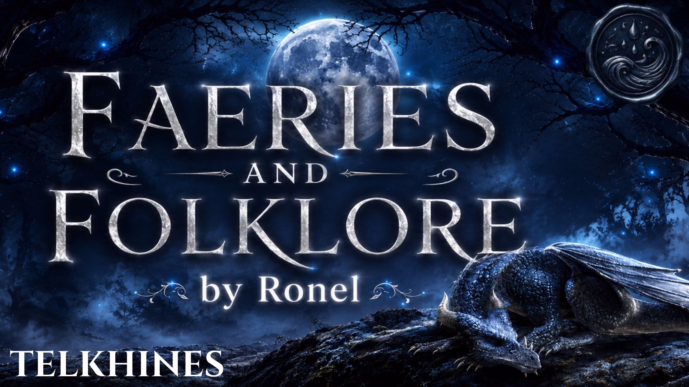 A dark fantasy banner titled "FAERIES AND FOLKLORE by Ronel," set against a misty, gnarled forest under a large, glowing full moon. In the bottom left corner, the word "Telkhines" is written in a clean, white serif font. In the top right corner, there is a circular, dark metallic or wax seal stamp featuring an embossed illustration of a wave. A scaly blue dragon rests on a rocky ridge in the foreground, surrounded by faint, glowing blue magical embers.
