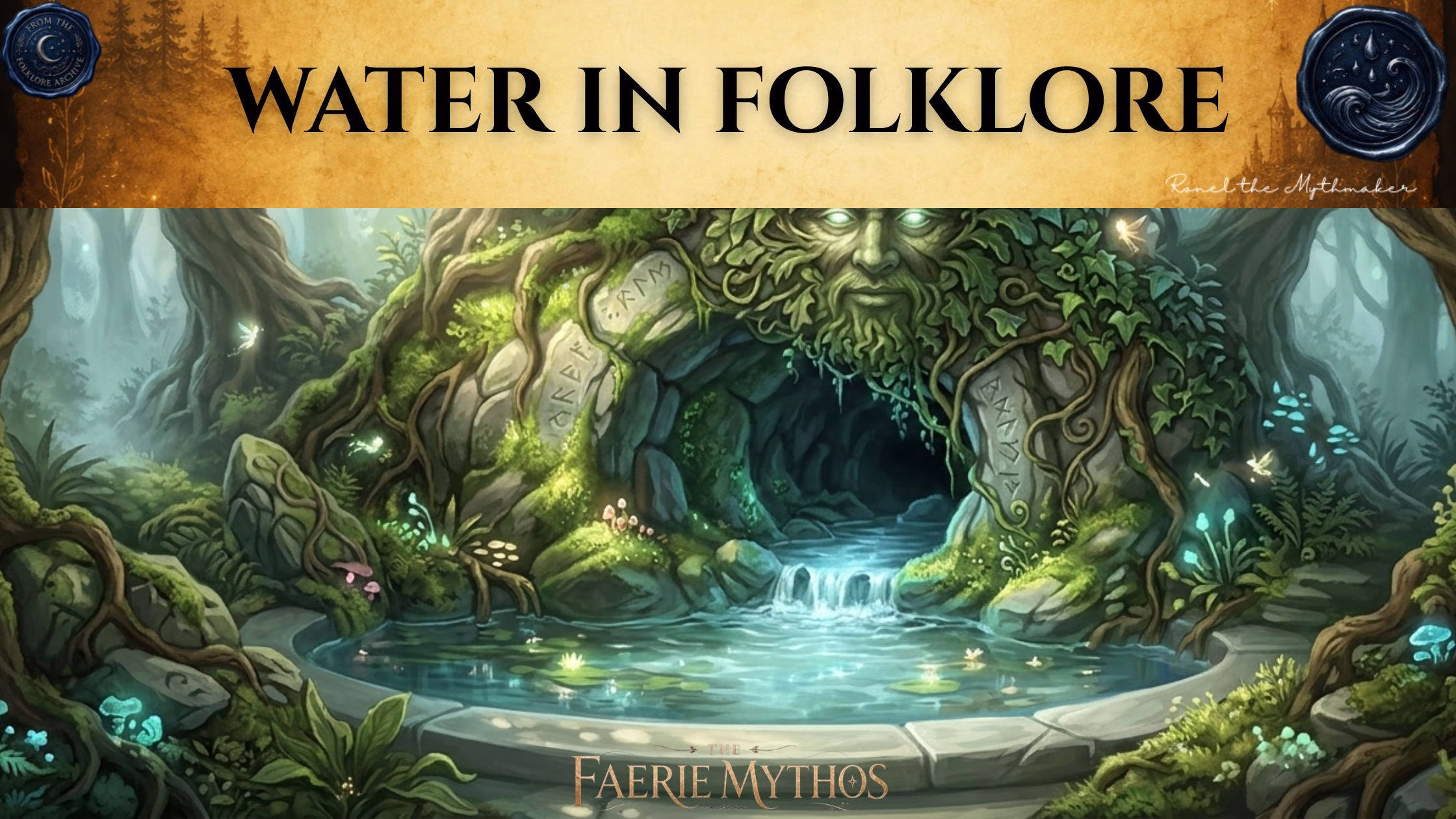 A digital illustration for "The Faerie Mythos" titled "WATER IN FOLKLORE." The image depicts a magical, moss-covered spring flowing from a stone cave entrance carved into the face of a green man, surrounded by bioluminescent plants, ancient runes, and lush forest foliage. The composition adheres to the "Ronel the Mythmaker" and "The Folklore Archive" branding style, featuring an antique, gold-toned header with mist and faded accents.