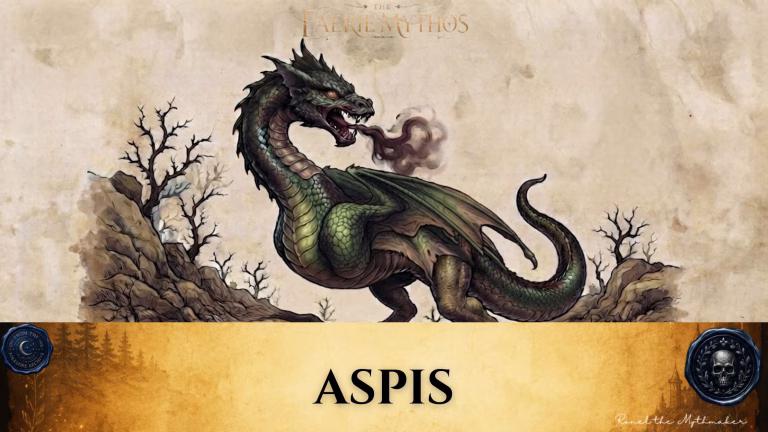 "A digital illustration titled 'The Faerie Mythos: Aspis,' showing a green, winged dragon exhaling smoke while standing on a rocky, desolate hillside against a weathered, parchment-style background. At the bottom is a yellow banner containing the text 'ASPIS' in black, with circular decorative seals on either side and the signature 'Ronel the Mythmaker' in the corner."