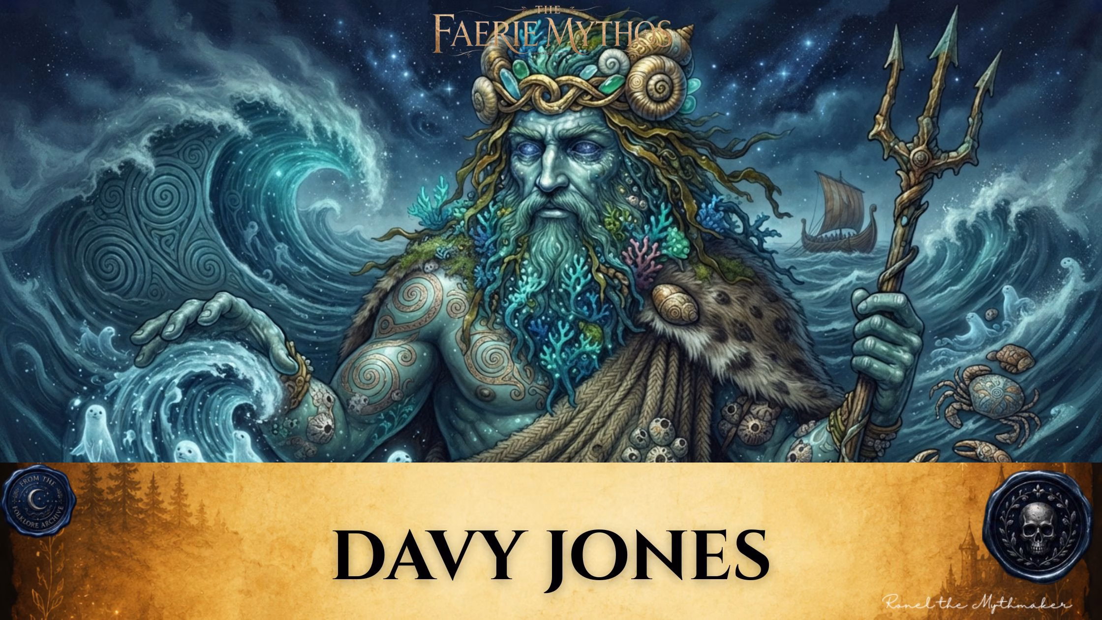 "A digital illustration titled 'The Faerie Mythos: Davy Jones,' depicting a sea-worn, blue-skinned deity with a beard made of coral and kelp, wearing a shell-encrusted crown and mantle, and holding a trident. He is set against a backdrop of a turbulent, swirling ocean under a starry night sky, with a small ship visible in the distance. The bottom features a parchment-colored banner with the text 'DAVY JONES' in black, flanked by two circular decorative seals, and the signature 'Ronel the Mythmaker' in the corner."