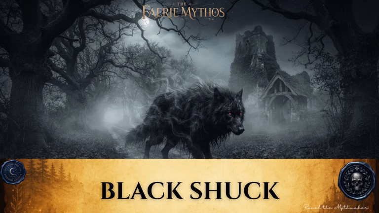 "A digital illustration titled 'The Faerie Mythos: Black Shuck,' depicting a large, spectral black dog with glowing red eyes prowling through a misty, dark forest path at night. In the background, an ancient, ruined stone church sits beneath a pale moon. The bottom features a parchment-colored banner with the text 'BLACK SHUCK' in black, flanked by two circular decorative seals, and the signature 'Ronel the Mythmaker' in the corner."