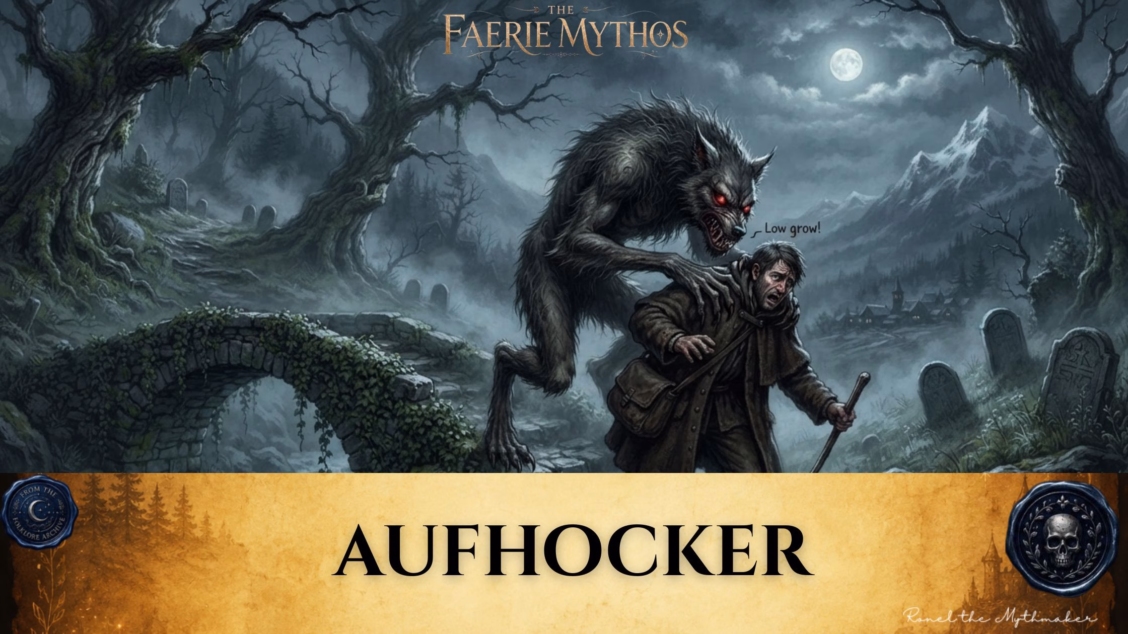 "A digital illustration titled 'The Faerie Mythos: Aufhocker,' depicting a terrifying, wolf-like creature looming over and pressing down on a panicked man walking through a dark, foggy graveyard at night under a full moon. A speech bubble next to the creature reads, 'Low grow!'. The bottom features a parchment-colored banner with the text 'AUFHOCKER' in black, flanked by two circular decorative seals, and the signature 'Ronel the Mythmaker' in the corner."