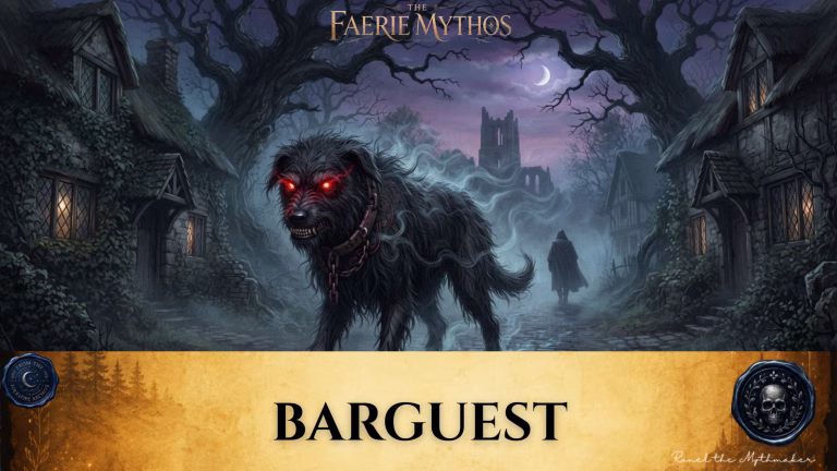 "A digital illustration titled 'The Faerie Mythos: Barguest,' featuring a large, spectral black dog with glowing red eyes and a heavy chain collar, snarling in the foreground. It is positioned in a misty, dark village street at night, with a cloaked figure walking away in the distance towards a ruined castle under a crescent moon. At the bottom is a parchment-colored banner with the text 'BARGUEST' in black, flanked by two circular decorative seals, and the signature 'Ronel the Mythmaker' in the corner."