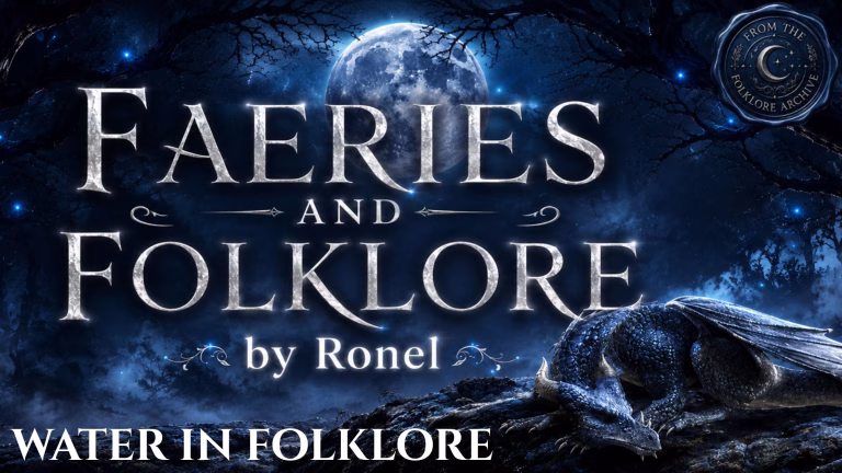 A dark fantasy banner titled "FAERIES AND FOLKLORE by Ronel," set against a misty, gnarled forest under a large, glowing full moon. In the bottom left corner, the words "Water in Folklore" are written in a clean, white serif font. In the top right corner, there is a circular, dark metallic or wax seal stamp featuring an embossed illustration of a crescent moon and the words “From the Folklore Archive”. A scaly blue dragon rests on a rocky ridge in the foreground, surrounded by faint, glowing blue magical embers.