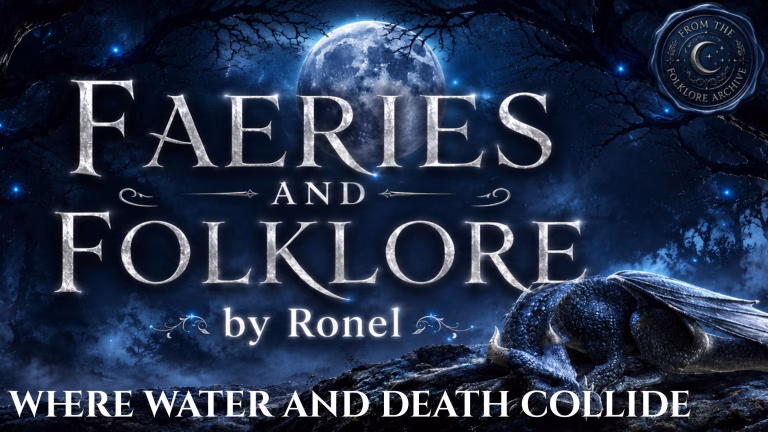 A dark fantasy banner titled "FAERIES AND FOLKLORE by Ronel," set against a misty, gnarled forest under a large, glowing full moon. In the bottom left corner, the words "Where Water and Death Collide" are written in a clean, white serif font. In the top right corner, there is a circular, dark metallic or wax seal stamp featuring an embossed illustration of a crescent moon and the words “From the Folklore Archive”. A scaly blue dragon rests on a rocky ridge in the foreground, surrounded by faint, glowing blue magical embers.