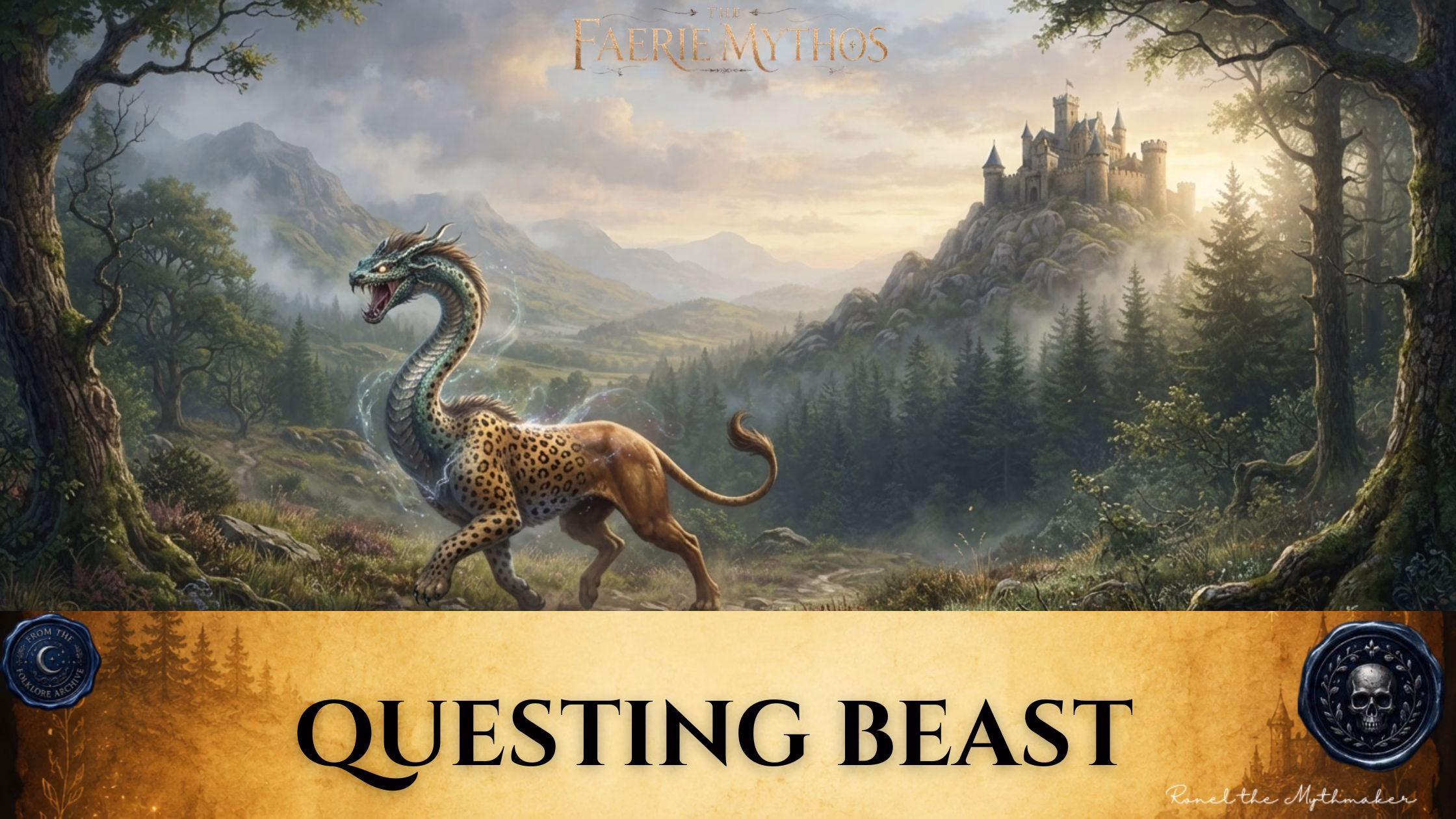 "A digital illustration titled 'The Faerie Mythos: Questing Beast,' featuring a mythical creature with the head and neck of a dragon and the body of a leopard, standing in a lush, misty forest landscape with a stone castle atop a hill in the background. At the bottom is a parchment-colored banner with the text 'QUESTING BEAST' in black, flanked by two circular seals, and the signature 'Ronel the Mythmaker' in the corner."