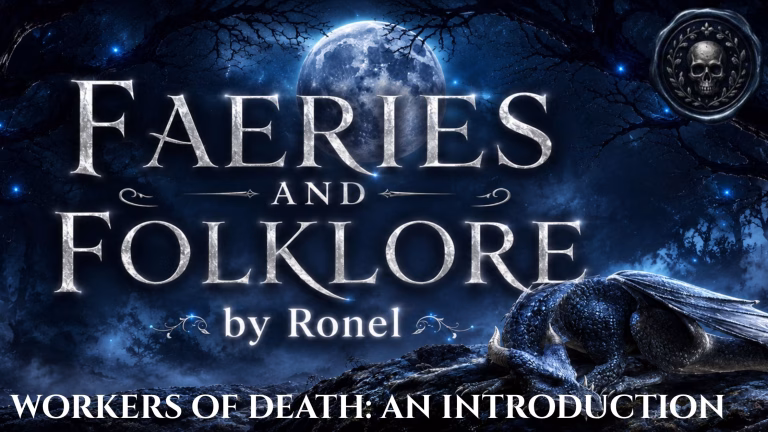 A dark fantasy banner titled "FAERIES AND FOLKLORE by Ronel," set against a misty, gnarled forest under a large, glowing full moon. In the bottom left corner, the words "Workers of Death: An Introduction" are written in a clean, white serif font. In the top right corner, there is a circular, dark metallic or wax seal stamp featuring an embossed illustration of a crescent moon and the words “From the Folklore Archive”. A scaly blue dragon rests on a rocky ridge in the foreground, surrounded by faint, glowing blue magical embers.