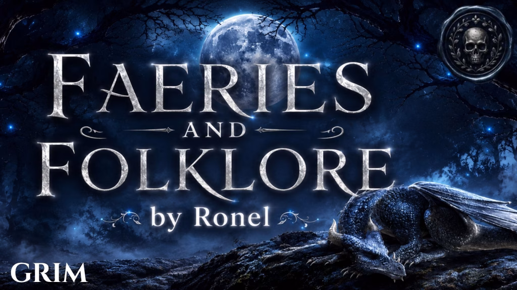 A dark fantasy banner titled "FAERIES AND FOLKLORE by Ronel," set against a misty, gnarled forest under a large, glowing full moon. In the bottom left corner, the word "Grim" is written in a clean, white serif font. In the top right corner, there is a circular, dark metallic or wax seal stamp featuring an embossed illustration of a skull. A scaly blue dragon rests on a rocky ridge in the foreground, surrounded by faint, glowing blue magical embers.