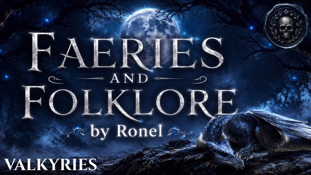 A dark fantasy banner titled "FAERIES AND FOLKLORE by Ronel," set against a misty, gnarled forest under a large, glowing full moon. In the bottom left corner, the word "Valkyries" is written in a clean, white serif font. In the top right corner, there is a circular, dark metallic or wax seal stamp featuring an embossed illustration of a skull. A scaly blue dragon rests on a rocky ridge in the foreground, surrounded by faint, glowing blue magical embers.