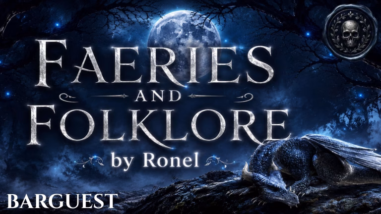 A dark fantasy banner titled "FAERIES AND FOLKLORE by Ronel," set against a misty, gnarled forest under a large, glowing full moon. In the bottom left corner, the word "Barguest" is written in a clean, white serif font. In the top right corner, there is a circular, dark metallic or wax seal stamp featuring an embossed illustration of a skull. A scaly blue dragon rests on a rocky ridge in the foreground, surrounded by faint, glowing blue magical embers.