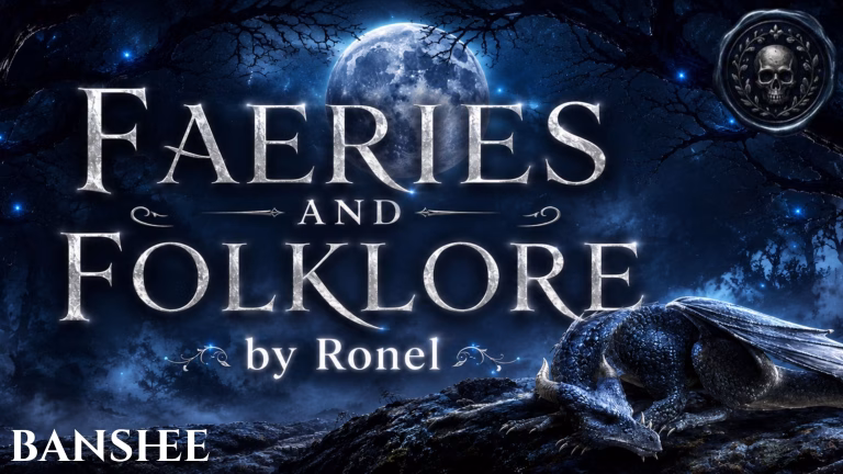 A dark fantasy banner titled "FAERIES AND FOLKLORE by Ronel," set against a misty, gnarled forest under a large, glowing full moon. In the bottom left corner, the word "Banshee" is written in a clean, white serif font. In the top right corner, there is a circular, dark metallic or wax seal stamp featuring an embossed illustration of a skull. A scaly blue dragon rests on a rocky ridge in the foreground, surrounded by faint, glowing blue magical embers.