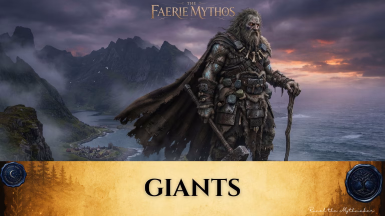 "A digital illustration for 'The Faerie Mythos' featuring a towering, rugged giant with a long beard and glowing eyes, wearing worn furs, leather armor, and a tattered cloak. He holds a large wooden staff and stands on a cliff overlooking a misty coastal village and a vast, stormy sea at sunset. The bottom of the image features a tan parchment-style banner with the text 'GIANTS' in black, flanked by circular seals."