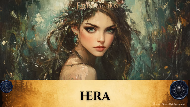 A character card from "The Faerie Mythos" series titled "HERA" by Ronel the Mythmaker. The image features a portrait of a woman with striking eyes adorned with a leafy, floral crown against a textured, dark green forest background. The bottom section contains a parchment-textured bar with wax seals from "From The Folklore Archive" on the sides, and the text is displayed in black.