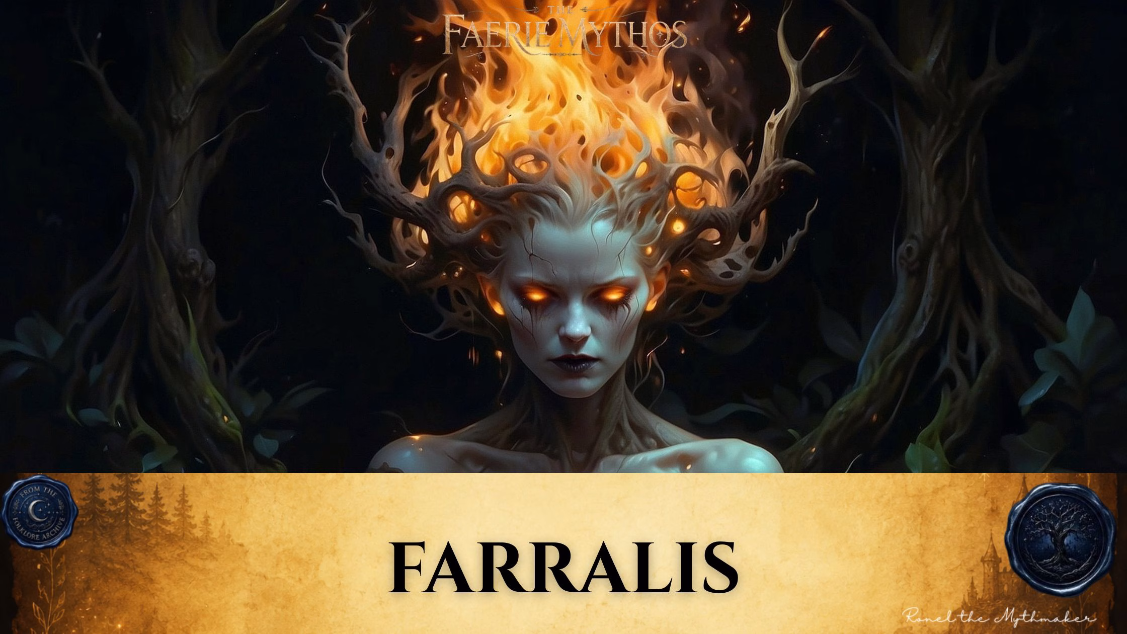 "A digital illustration for 'The Faerie Mythos' featuring a mystical being with glowing orange eyes and hair that appears to be made of intertwined branches topped with flames. The figure has pale skin and stands in a dark, forested setting. The bottom of the image features a tan parchment-style banner with the text 'FARRALIS' in black, flanked by circular seals."