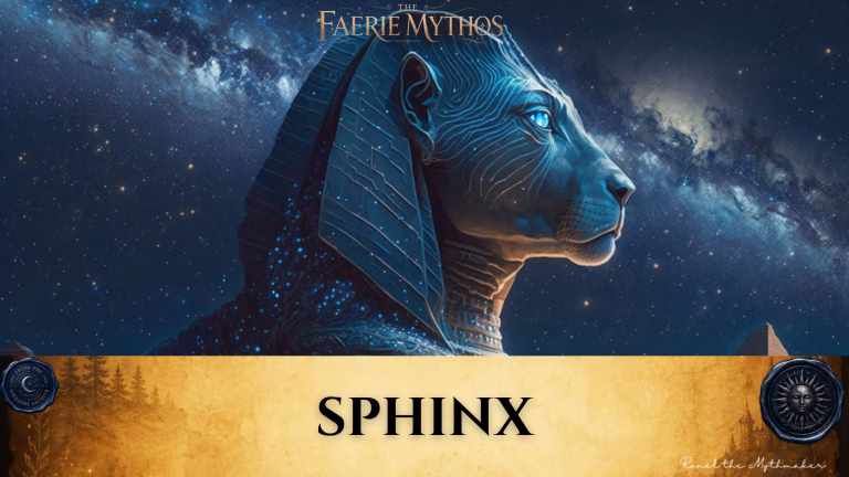 A character card from "The Faerie Mythos" series titled "SPHINX" by Ronel the Mythmaker. The image depicts a mystical, blue-toned Sphinx with glowing eyes, set against a backdrop of a vast, starry galaxy and a faint silhouette of a pyramid. The bottom section contains a parchment-textured bar with wax seals from "From The Folklore Archive" on the sides, and the text is displayed in black.