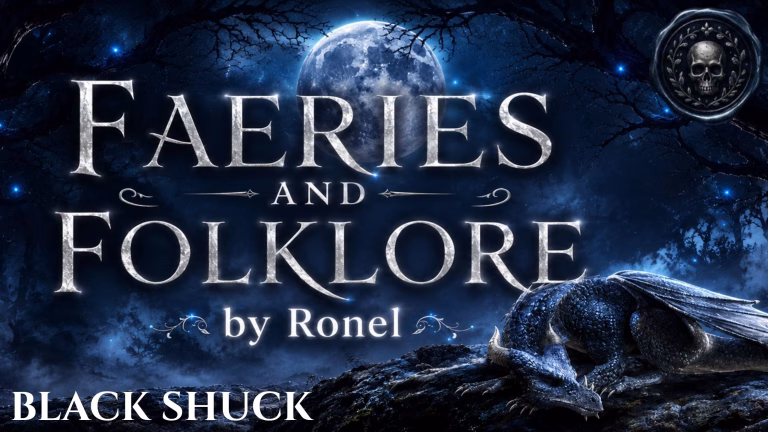 A dark fantasy banner titled "FAERIES AND FOLKLORE by Ronel," set against a misty, gnarled forest under a large, glowing full moon. In the bottom left corner, the word "Black Shuck" is written in a clean, white serif font. In the top right corner, there is a circular, dark metallic or wax seal stamp featuring an embossed illustration of a skull. A scaly blue dragon rests on a rocky ridge in the foreground, surrounded by faint, glowing blue magical embers.