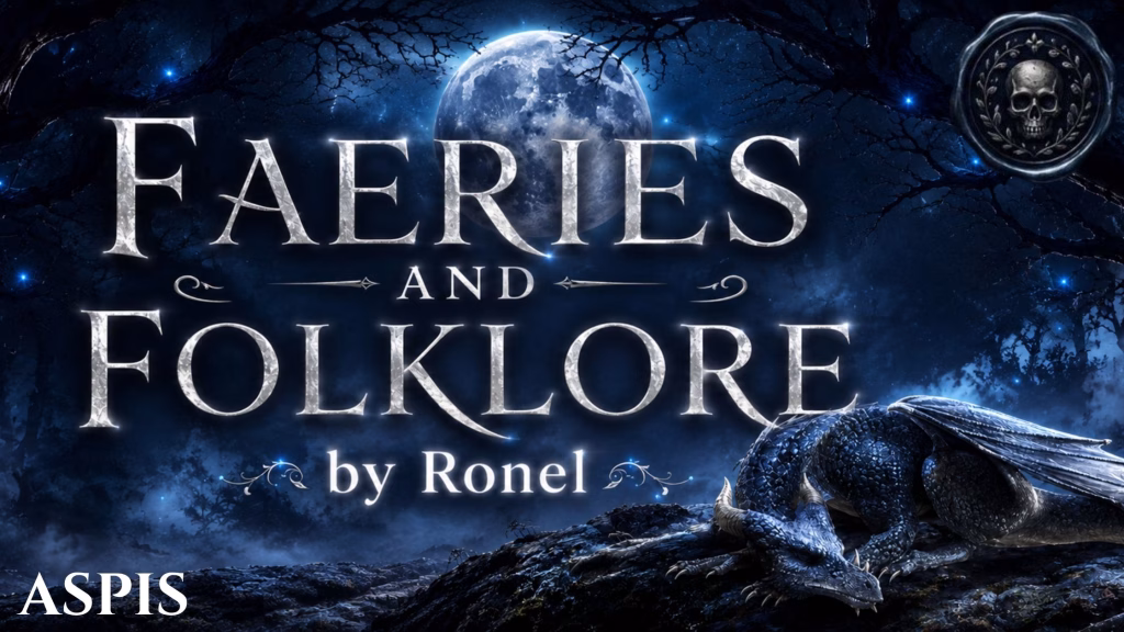 A dark fantasy banner titled "FAERIES AND FOLKLORE by Ronel," set against a misty, gnarled forest under a large, glowing full moon. In the bottom left corner, the word "Aspis" is written in a clean, white serif font. In the top right corner, there is a circular, dark metallic or wax seal stamp featuring an embossed illustration of a skull. A scaly blue dragon rests on a rocky ridge in the foreground, surrounded by faint, glowing blue magical embers.