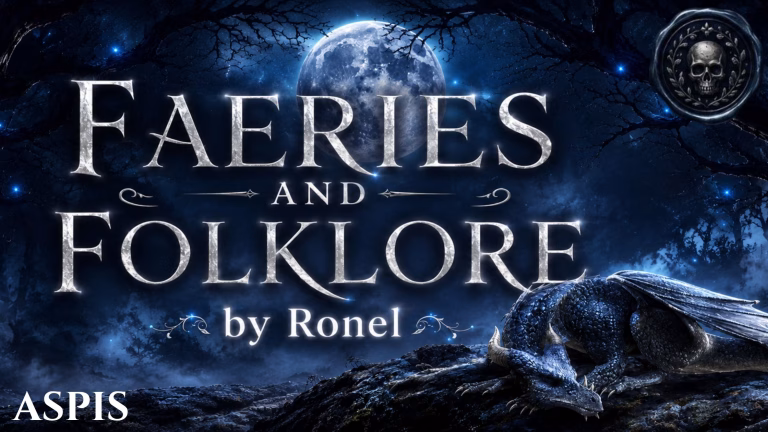 A dark fantasy banner titled "FAERIES AND FOLKLORE by Ronel," set against a misty, gnarled forest under a large, glowing full moon. In the bottom left corner, the word "Aspis" is written in a clean, white serif font. In the top right corner, there is a circular, dark metallic or wax seal stamp featuring an embossed illustration of a skull. A scaly blue dragon rests on a rocky ridge in the foreground, surrounded by faint, glowing blue magical embers.