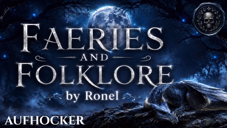 A dark fantasy banner titled "FAERIES AND FOLKLORE by Ronel," set against a misty, gnarled forest under a large, glowing full moon. In the bottom left corner, the word "Aufhocker" is written in a clean, white serif font. In the top right corner, there is a circular, dark metallic or wax seal stamp featuring an embossed illustration of a skull. A scaly blue dragon rests on a rocky ridge in the foreground, surrounded by faint, glowing blue magical embers.