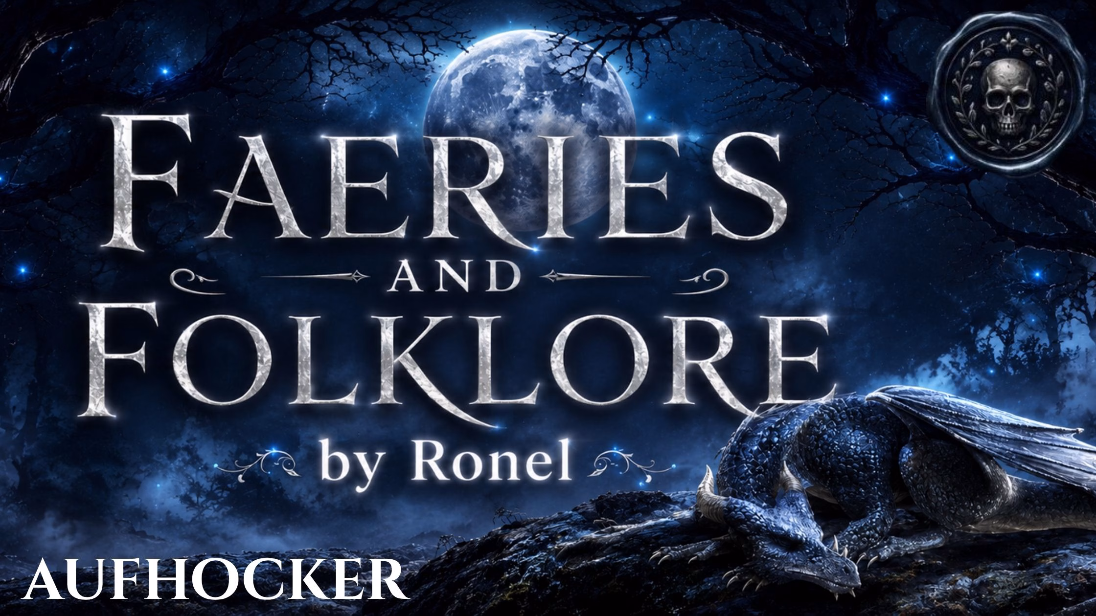A dark fantasy banner titled "FAERIES AND FOLKLORE by Ronel," set against a misty, gnarled forest under a large, glowing full moon. In the bottom left corner, the word "Aufhocker" is written in a clean, white serif font. In the top right corner, there is a circular, dark metallic or wax seal stamp featuring an embossed illustration of a skull. A scaly blue dragon rests on a rocky ridge in the foreground, surrounded by faint, glowing blue magical embers.
