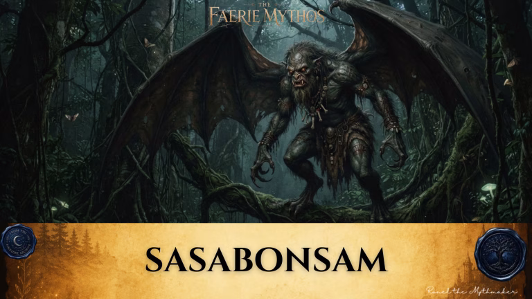 "A digital illustration for 'The Faerie Mythos' featuring a menacing, winged Sasabonsam creature with sharp claws, fangs, and shaggy hair, crouching on a thick tree branch in a dark, dense forest. The bottom of the image features a tan parchment-style banner with the text 'SASABONSAM' in black, flanked by circular seals."