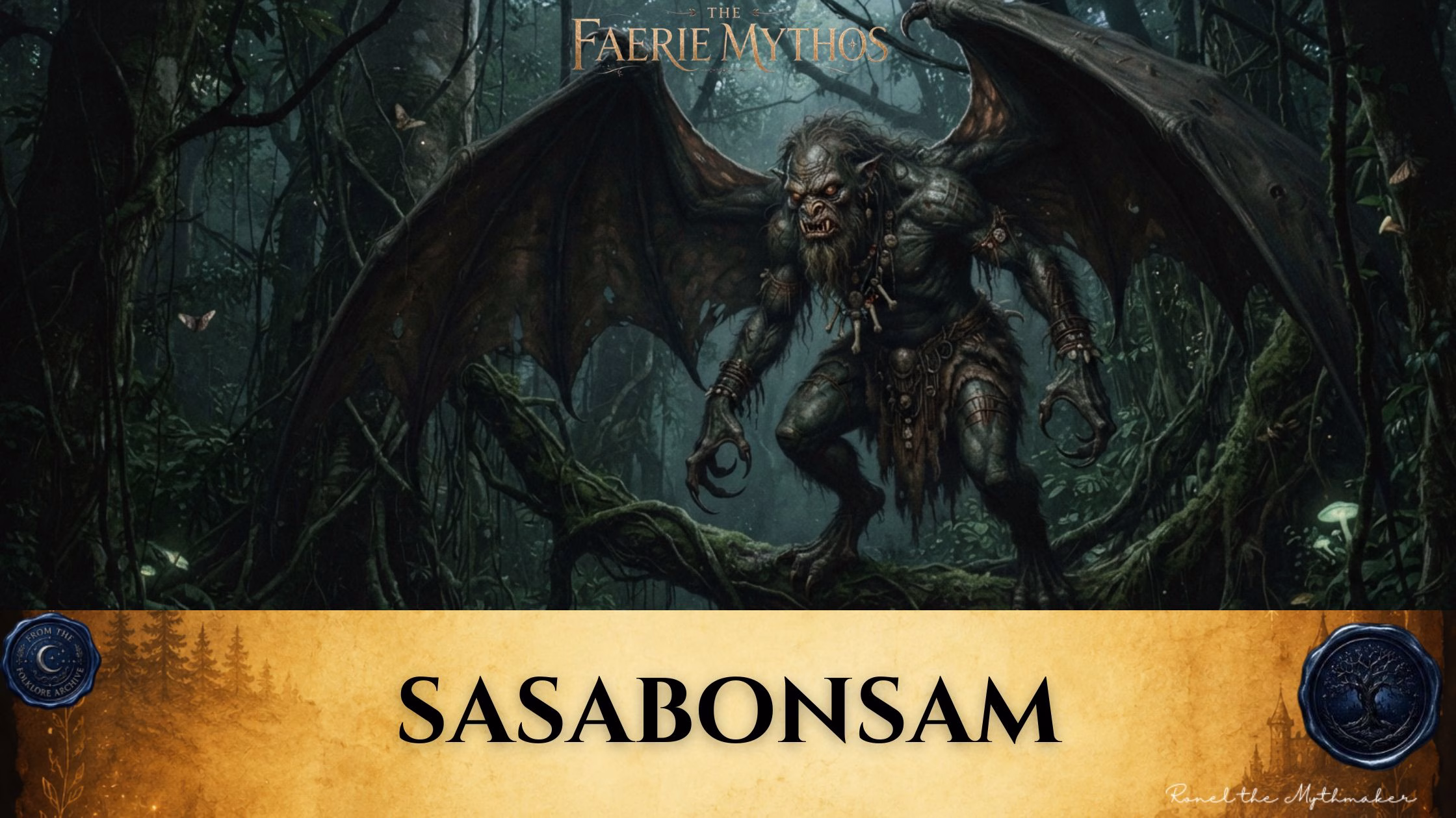 "A digital illustration for 'The Faerie Mythos' featuring a menacing, winged Sasabonsam creature with sharp claws, fangs, and shaggy hair, crouching on a thick tree branch in a dark, dense forest. The bottom of the image features a tan parchment-style banner with the text 'SASABONSAM' in black, flanked by circular seals."