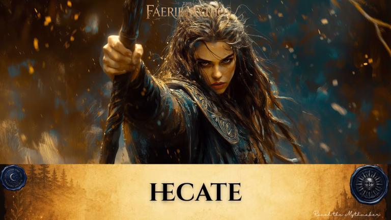 A character card from "The Faerie Mythos" series titled "HECATE" by Ronel the Mythmaker. The image features a fierce woman with intense eyes, long hair, and ornate clothing, holding a staff forward against a dark, atmospheric, and golden-speckled background. The bottom section contains a parchment-textured bar with wax seals from "From The Folklore Archive" on the sides, and the text is displayed in black.