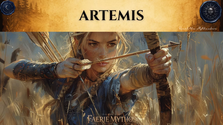 A character card from "The Faerie Mythos" series titled "ARTEMIS" by Ronel the Mythmaker. The image features a focused woman aiming a bow and arrow, depicted in a painterly style while surrounded by tall, golden grass. The top section contains a parchment-textured bar with wax seals from "From The Folklore Archive" on the sides, and the text is displayed in black.
