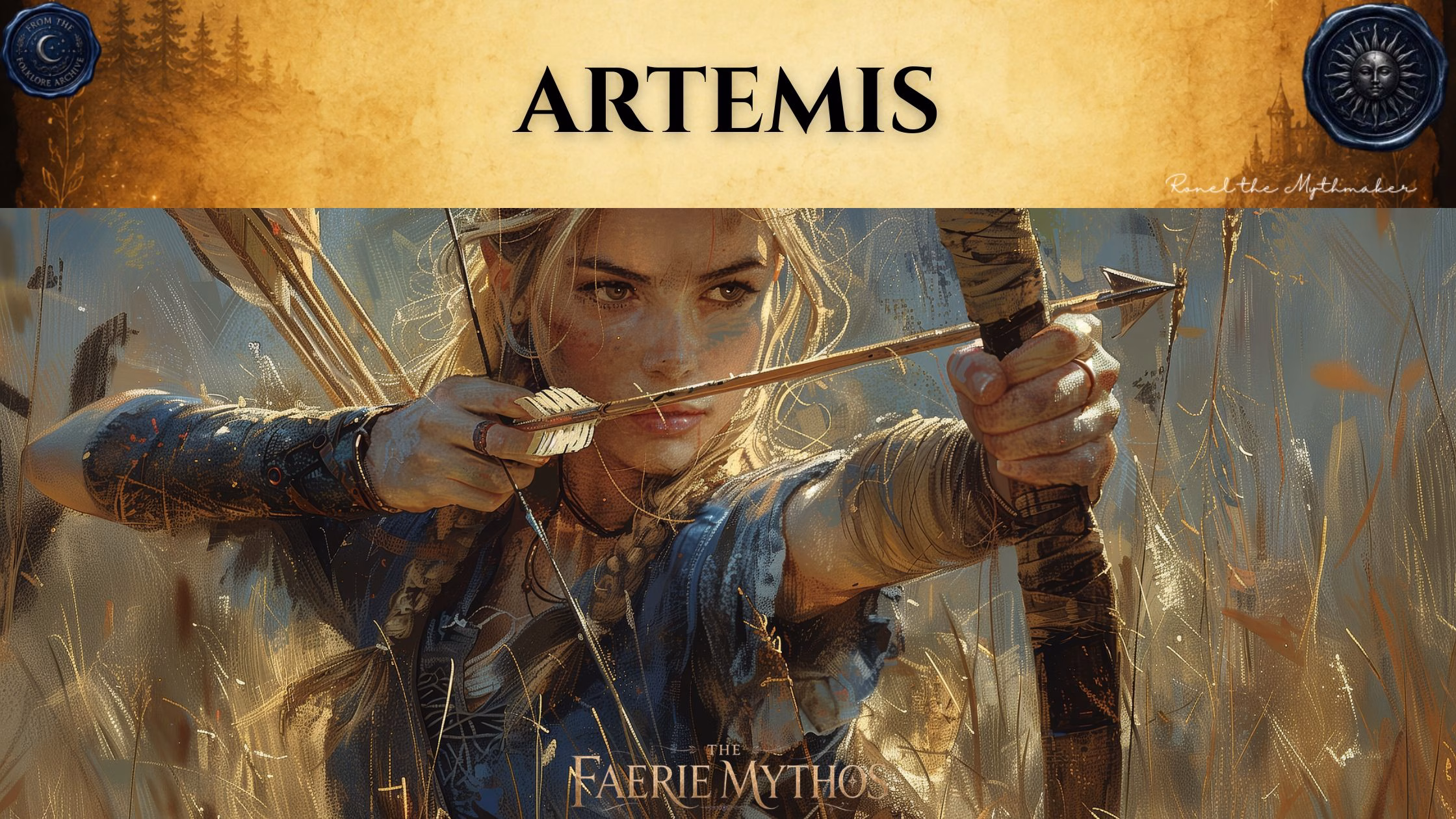A character card from "The Faerie Mythos" series titled "ARTEMIS" by Ronel the Mythmaker. The image features a focused woman aiming a bow and arrow, depicted in a painterly style while surrounded by tall, golden grass. The top section contains a parchment-textured bar with wax seals from "From The Folklore Archive" on the sides, and the text is displayed in black.