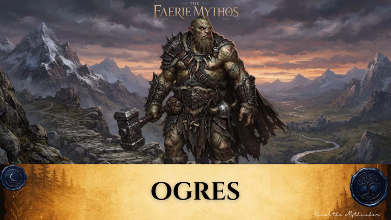 "A digital illustration for 'The Faerie Mythos' featuring a muscular, green-skinned ogre with tattoos and a beard, wearing armor made of furs, leather, and metal plates while wielding a large warhammer. He stands on a rocky mountain path overlooking a valley with a fortified castle at sunset. The bottom of the image features a tan parchment-style banner with the text 'OGRES' in black, flanked by circular seals."