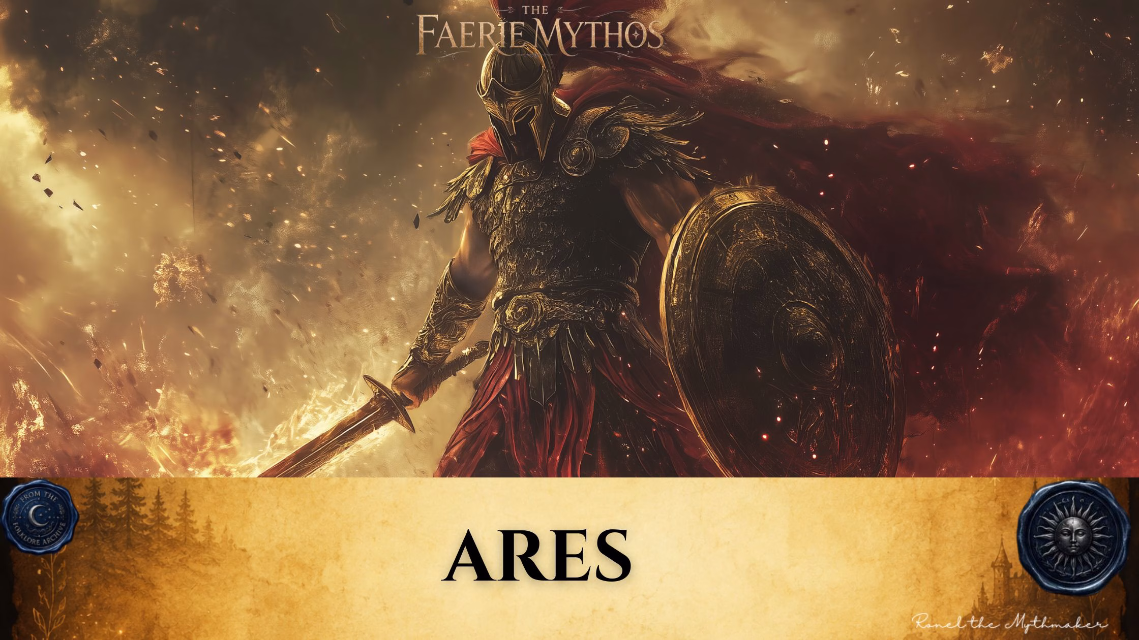 A character card from "The Faerie Mythos" series titled "ARES" by Ronel the Mythmaker. The image depicts the Greek god Ares in ornate ancient armor and a helmet, holding a glowing sword and shield amidst a backdrop of swirling fire and battle embers. The bottom section contains a parchment-textured bar with wax seals from "From The Folklore Archive" on the sides, and the text is displayed in black.