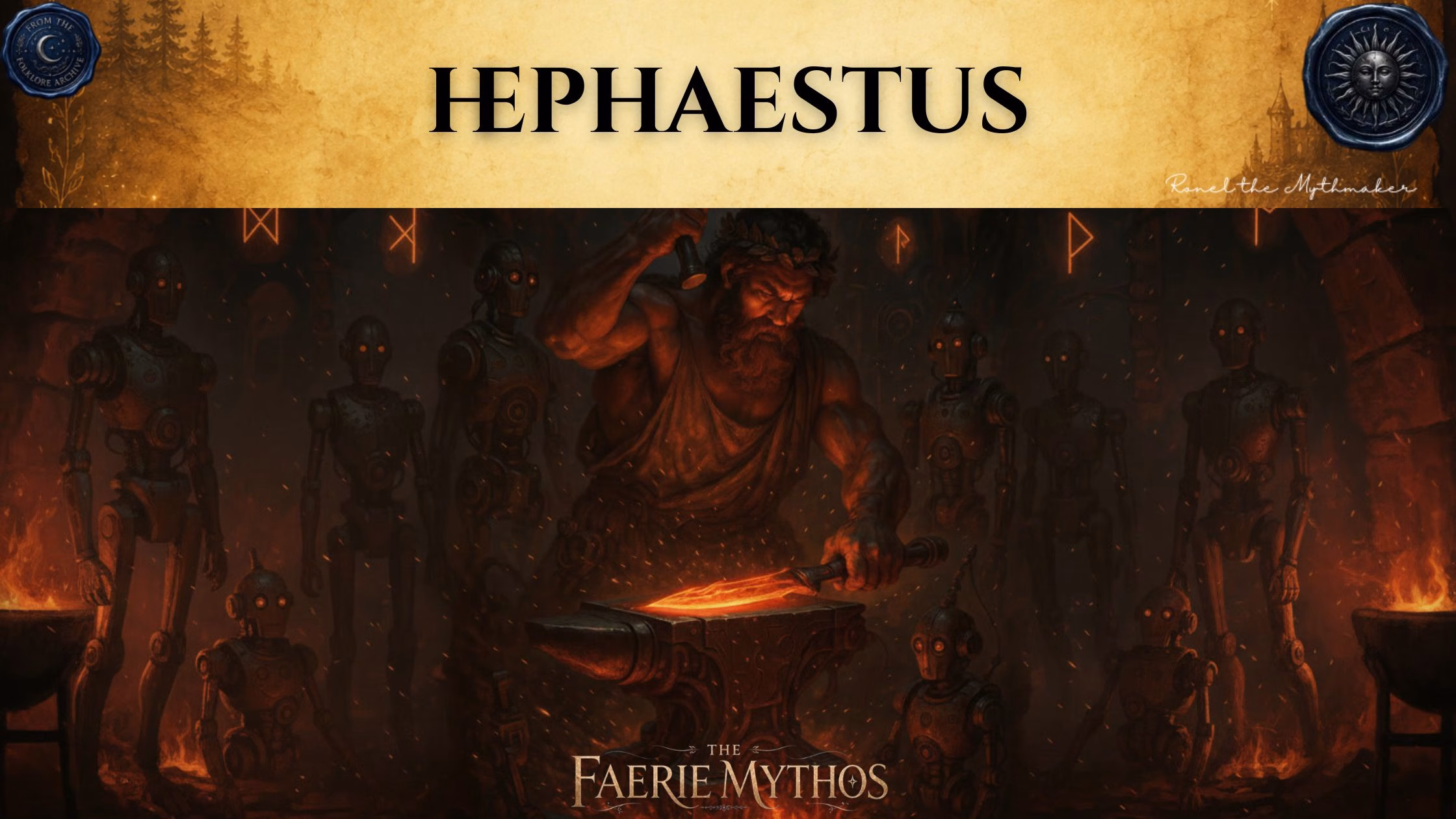 A character card from "The Faerie Mythos" series titled "HEPHAESTUS" by Ronel the Mythmaker. The image shows the Greek god Hephaestus at his anvil in a dark forge, hammering a glowing blade, surrounded by his mechanical robotic creations. The top section features a parchment-textured bar with wax seals from "From The Folklore Archive" on the sides, and the text is displayed in black.