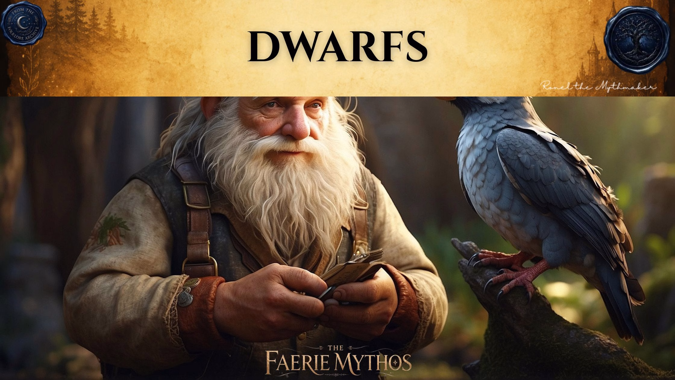 "A digital illustration for 'The Faerie Mythos' featuring an elderly, bearded dwarf in rustic clothing holding a small notebook or stack of papers. He stands in a forest setting beside a large, grey, feathered creature perched on a branch. The top of the image features a tan parchment-style banner with the text 'DWARFS' in black, flanked by circular seals."