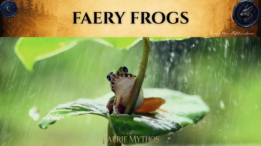 A character card from "The Faerie Mythos" titled "FAERY FROGS". The image features a frog resting on a large leaf during a rain shower, clutching a stem. At the top, there is a branding banner with an antique paper texture featuring the text "FAERY FROGS" in large black letters, flanked by two circular wax-seal style emblems. In the bottom right corner of the banner is the signature "Ronel the Mythmaker".