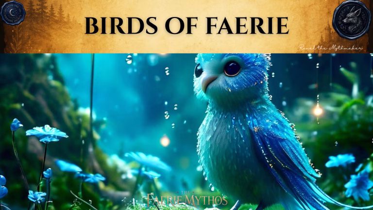 A character card from "The Faerie Mythos" titled "BIRDS OF FAERIE". The image features a small, bright blue, ethereal bird with large eyes, surrounded by glowing bubbles and blue flowers in a mystical forest setting. At the top, there is a branding banner with an antique paper texture featuring the text "BIRDS OF FAERIE" in large black letters, flanked by two circular wax-seal style emblems. In the top right corner of the banner is the signature "Ronel the Mythmaker".
