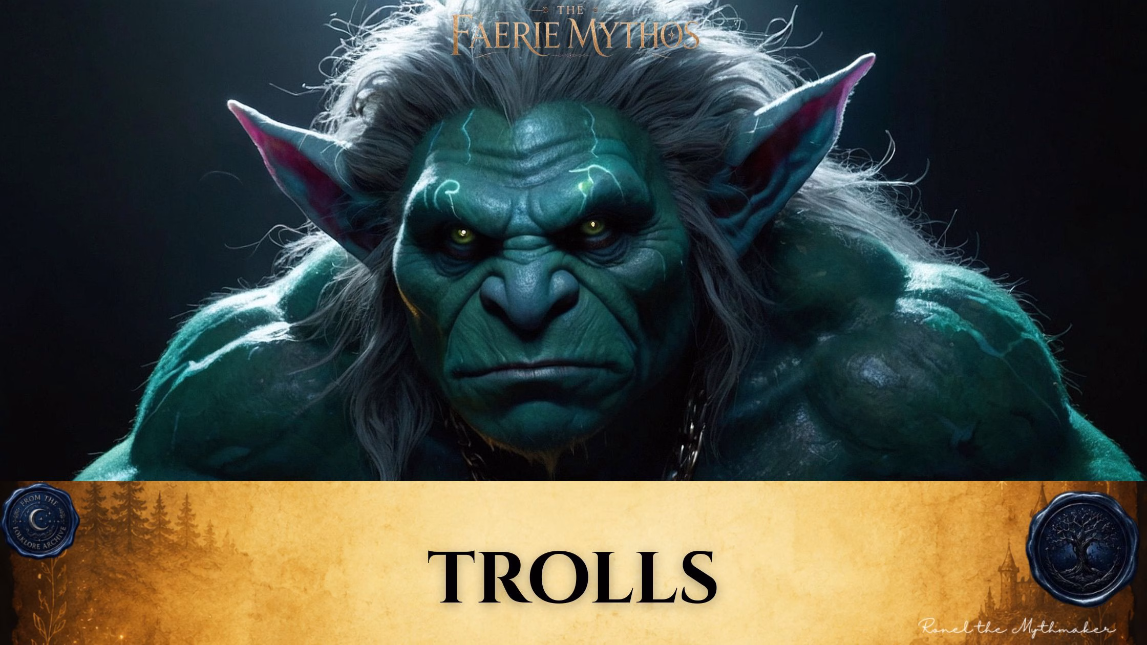"A digital illustration for 'The Faerie Mythos' featuring a close-up, dramatic portrait of a menacing, green-skinned troll with glowing yellow eyes, pointed ears, and shaggy grey hair. The bottom of the image features a tan parchment-style banner with the text 'TROLLS' in black, flanked by circular seals."