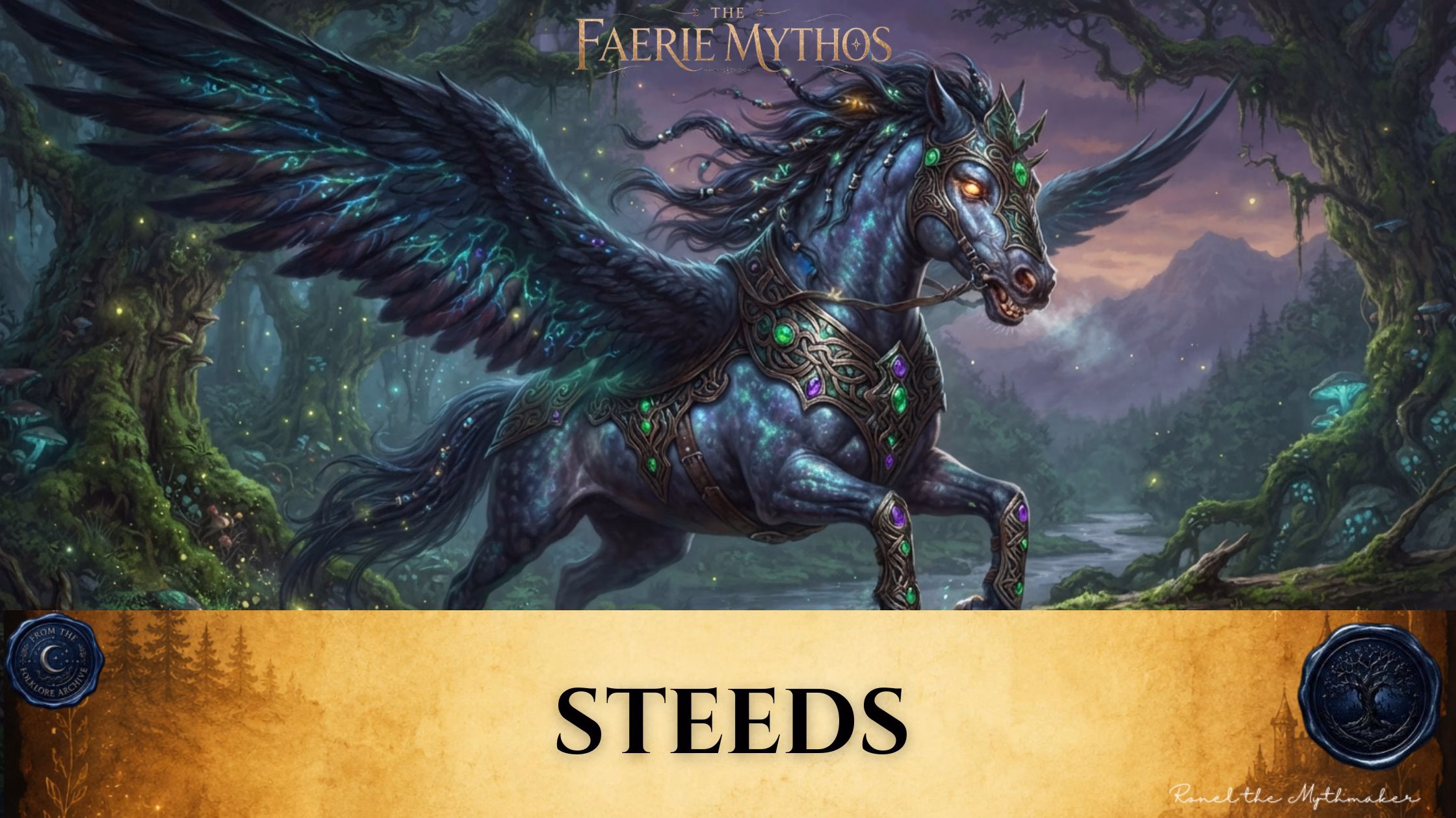 "A digital illustration for 'The Faerie Mythos' featuring a majestic black winged horse or steed with glowing eyes, adorned in ornate, jewel-encrusted armor. The horse is captured in motion against a backdrop of an enchanted, misty forest. The bottom of the image features a tan parchment-style banner with the text 'STEEDS' in black, flanked by circular seals."