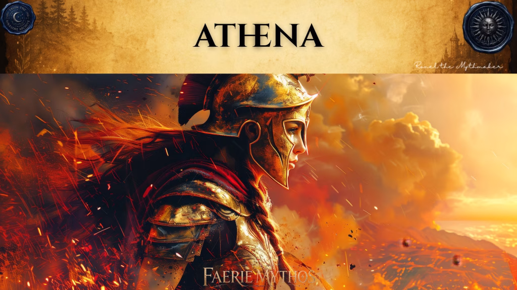 A character card from "The Faerie Mythos" series titled "ATHENA" by Ronel the Mythmaker. The image depicts the Greek goddess Athena in profile, wearing ornate golden armor and a classical helmet, set against a backdrop of dramatic orange clouds and embers. The top section features a parchment-textured bar with wax seals from "From The Folklore Archive" on the sides, and the text is displayed in black.