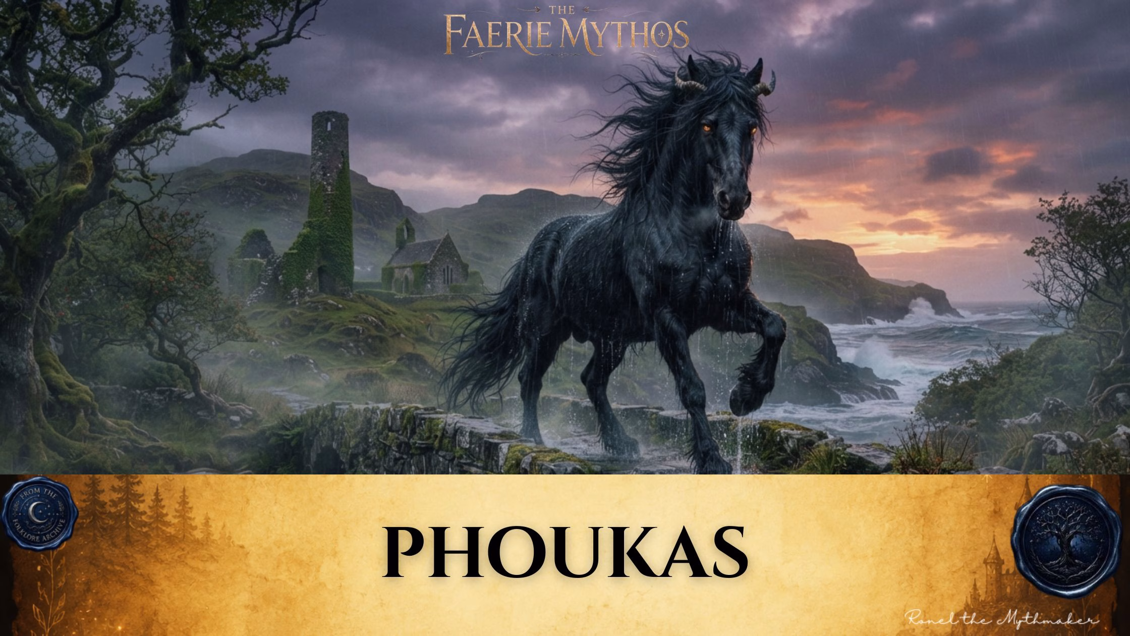 "A digital illustration for 'The Faerie Mythos' featuring a dark, powerful black horse with glowing amber eyes and small horns, standing on a stone bridge in the rain. In the background, dramatic, misty cliffs overlook a stormy sea near ancient, ruined stone structures. The bottom of the image features a tan parchment-style banner with the text 'PHOUKAS' in black, flanked by circular seals."