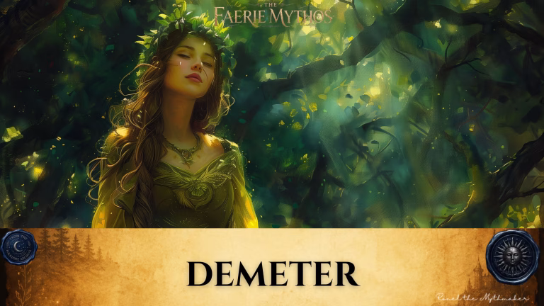 A character card from "The Faerie Mythos" series titled "DEMETER" by Ronel the Mythmaker. The image features a serene woman wearing a leafy crown and a flowing green dress, standing in a lush, sun-dappled forest setting. The bottom section contains a parchment-textured bar with wax seals from "From The Folklore Archive" on the sides, and the text is displayed in black.