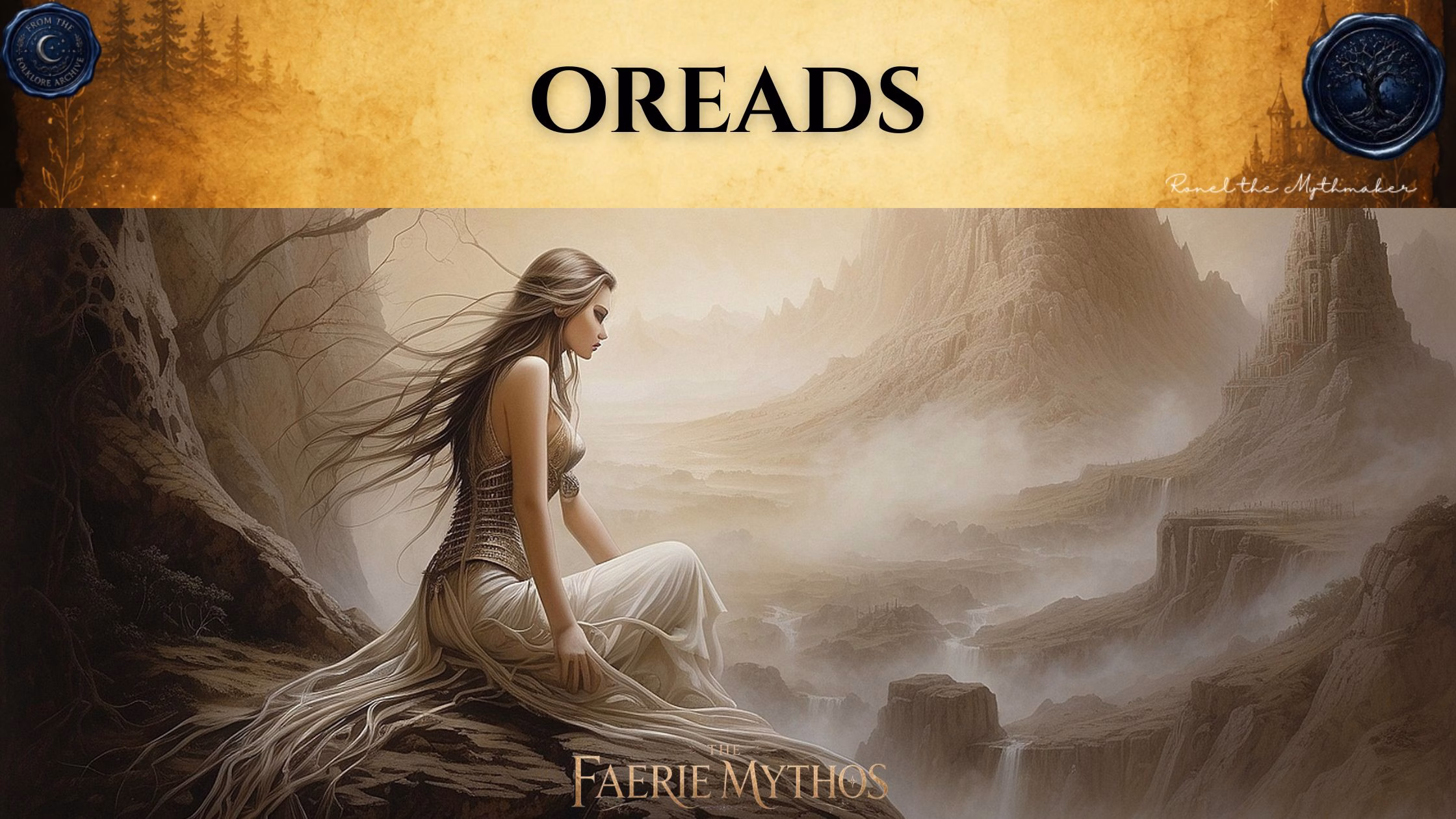 "A digital illustration for 'The Faerie Mythos' featuring a woman with long hair wearing a flowing, light-colored dress, sitting pensively on a rocky cliff edge. She overlooks a vast, misty mountain valley landscape featuring distant waterfalls and ancient structures. The top of the image features a tan parchment-style banner with the text 'OREADS' in black, flanked by circular seals."