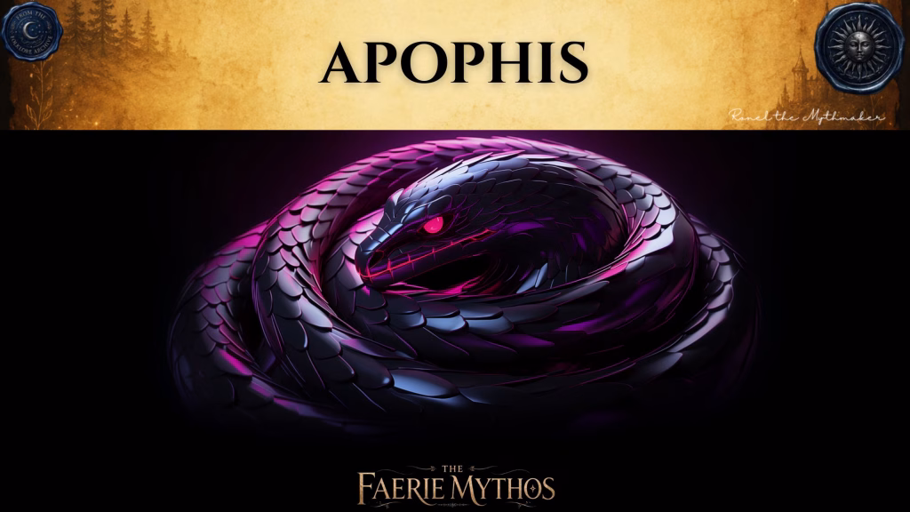 A character card from "The Faerie Mythos" series titled "APOPHIS" by Ronel the Mythmaker. The image depicts a large, coiled black serpent with shimmering, iridescent scales and piercing, glowing red eyes, set against a stark black background. The top section features a parchment-textured bar with wax seals from "From The Folklore Archive" on the sides, and the text is displayed in black.