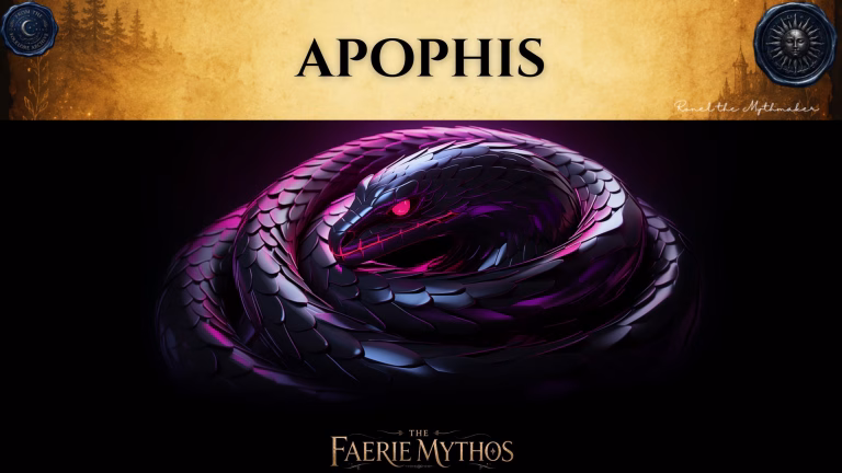 A character card from "The Faerie Mythos" series titled "APOPHIS" by Ronel the Mythmaker. The image depicts a large, coiled black serpent with shimmering, iridescent scales and piercing, glowing red eyes, set against a stark black background. The top section features a parchment-textured bar with wax seals from "From The Folklore Archive" on the sides, and the text is displayed in black.